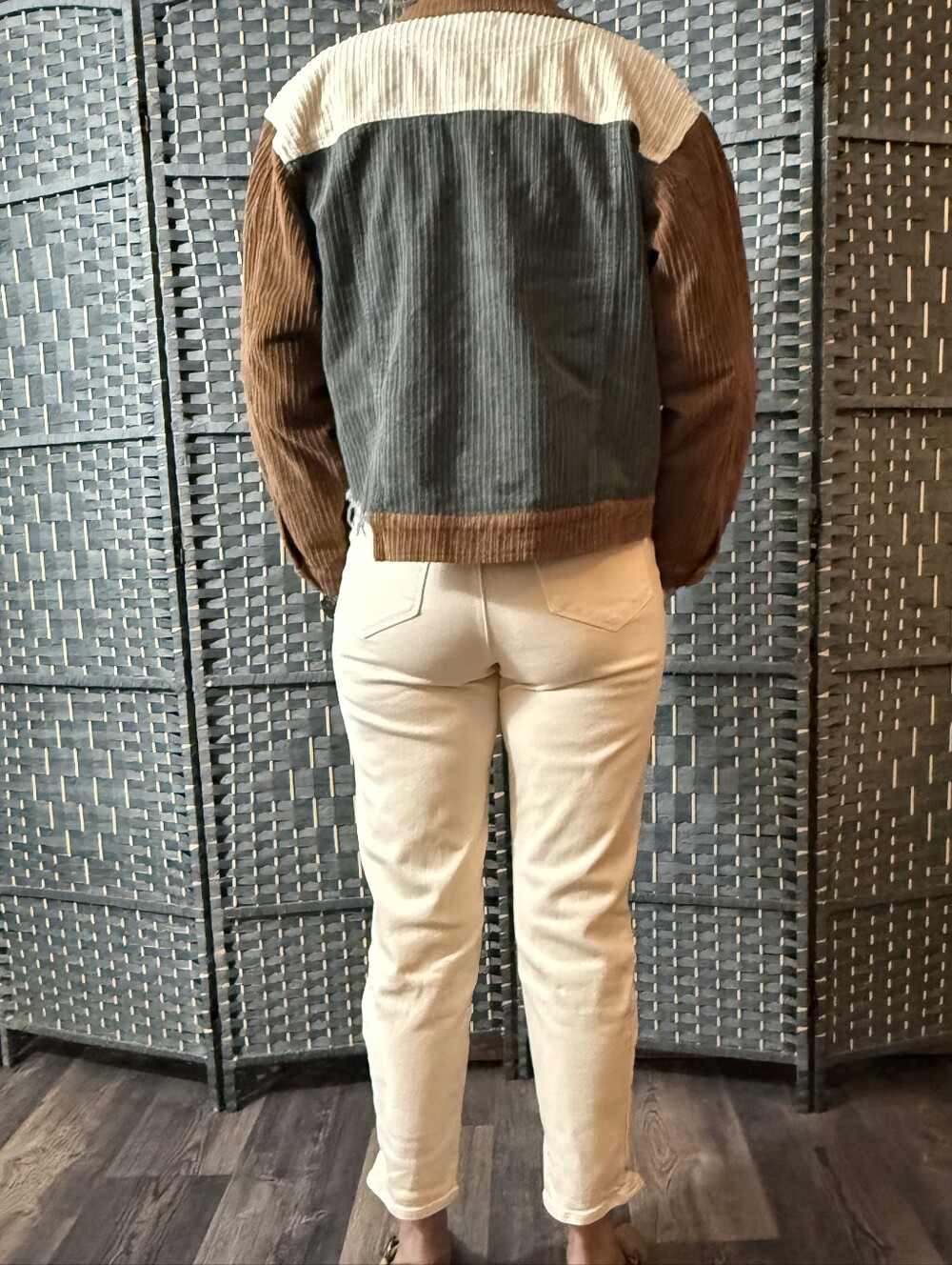 NWOT POL Colorblock Corduroy Jacket in Brown, Cream & Green SZ SM - Picture 6 of 8
